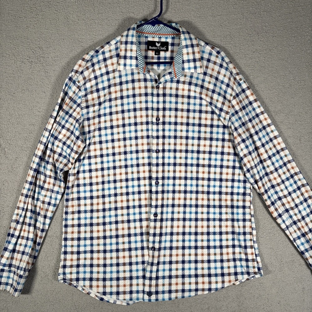 Butter Cloth Mens XL Button Down Shirt Long Sleeve Blue Plaid Cotton Geometric - Picture 1 of 15